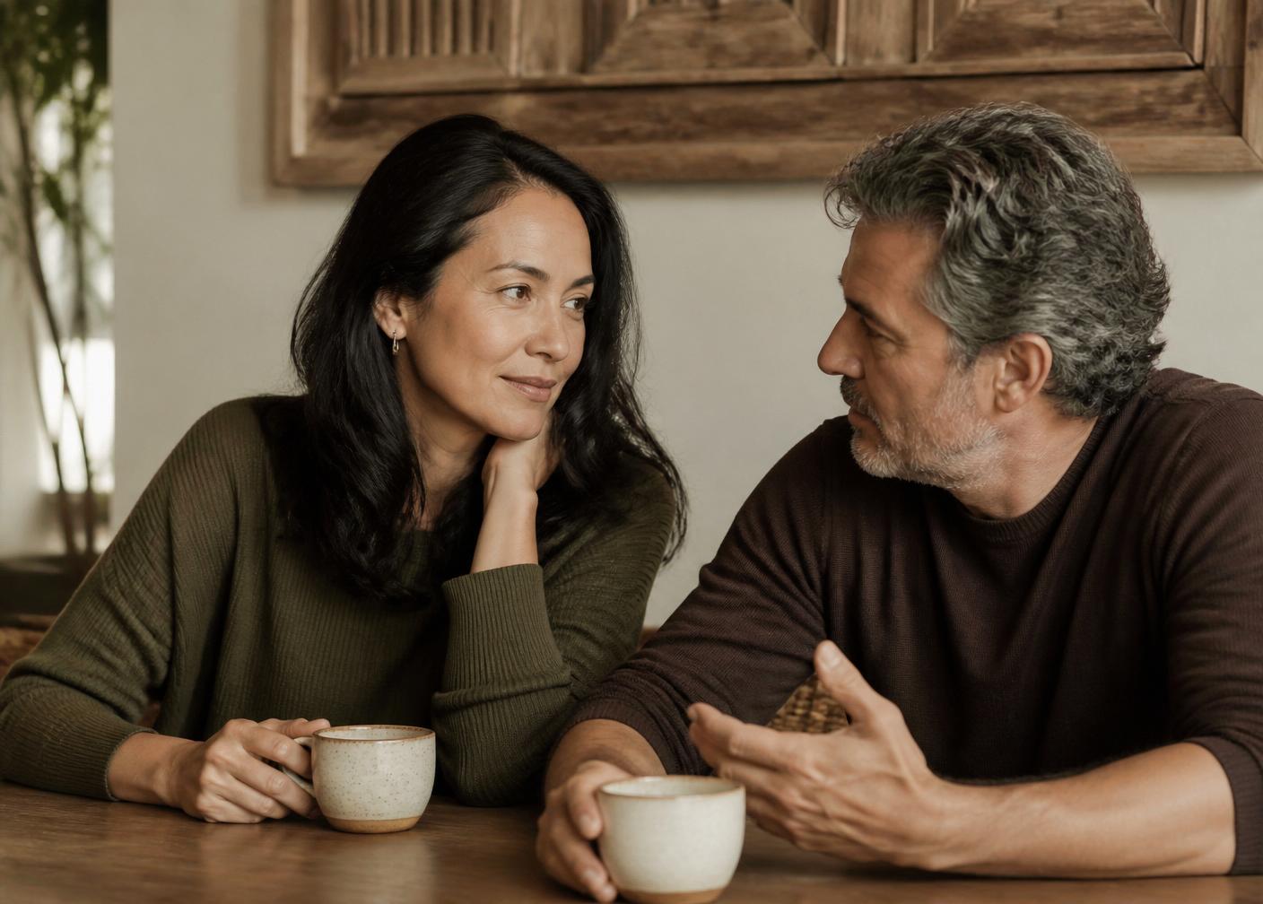 A woman and her partner in warm conversation over coffee